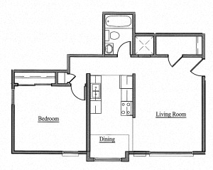Floor plan for 1 bed, 1 bath, 632 sqft